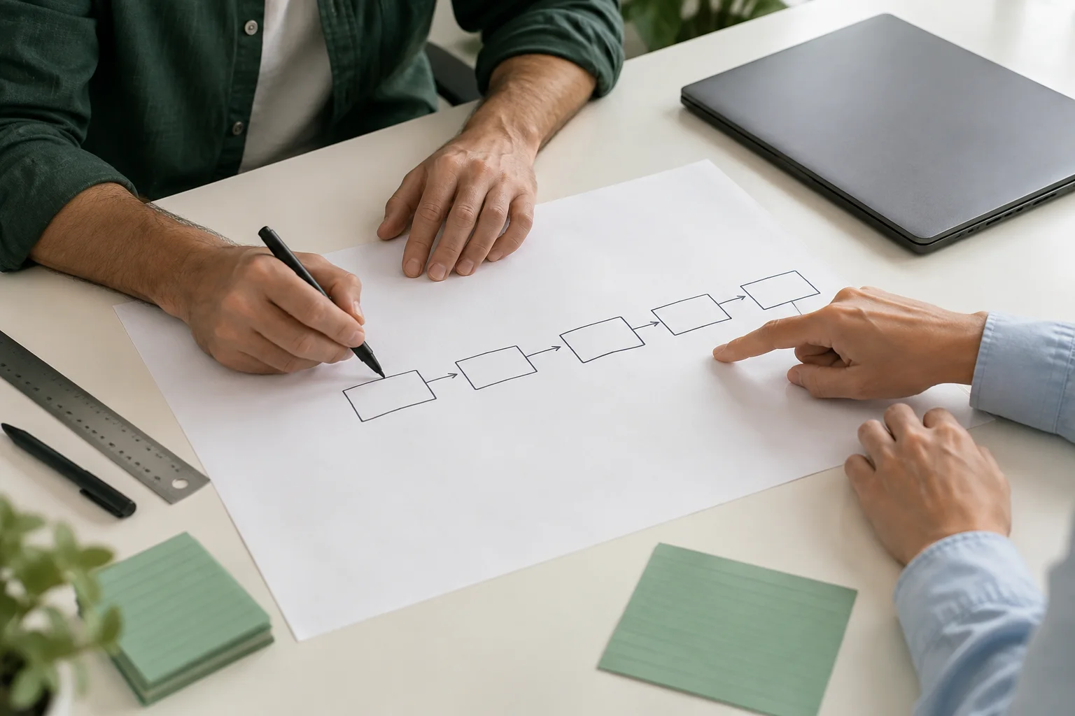 Two people draw and review the steps of a working process.